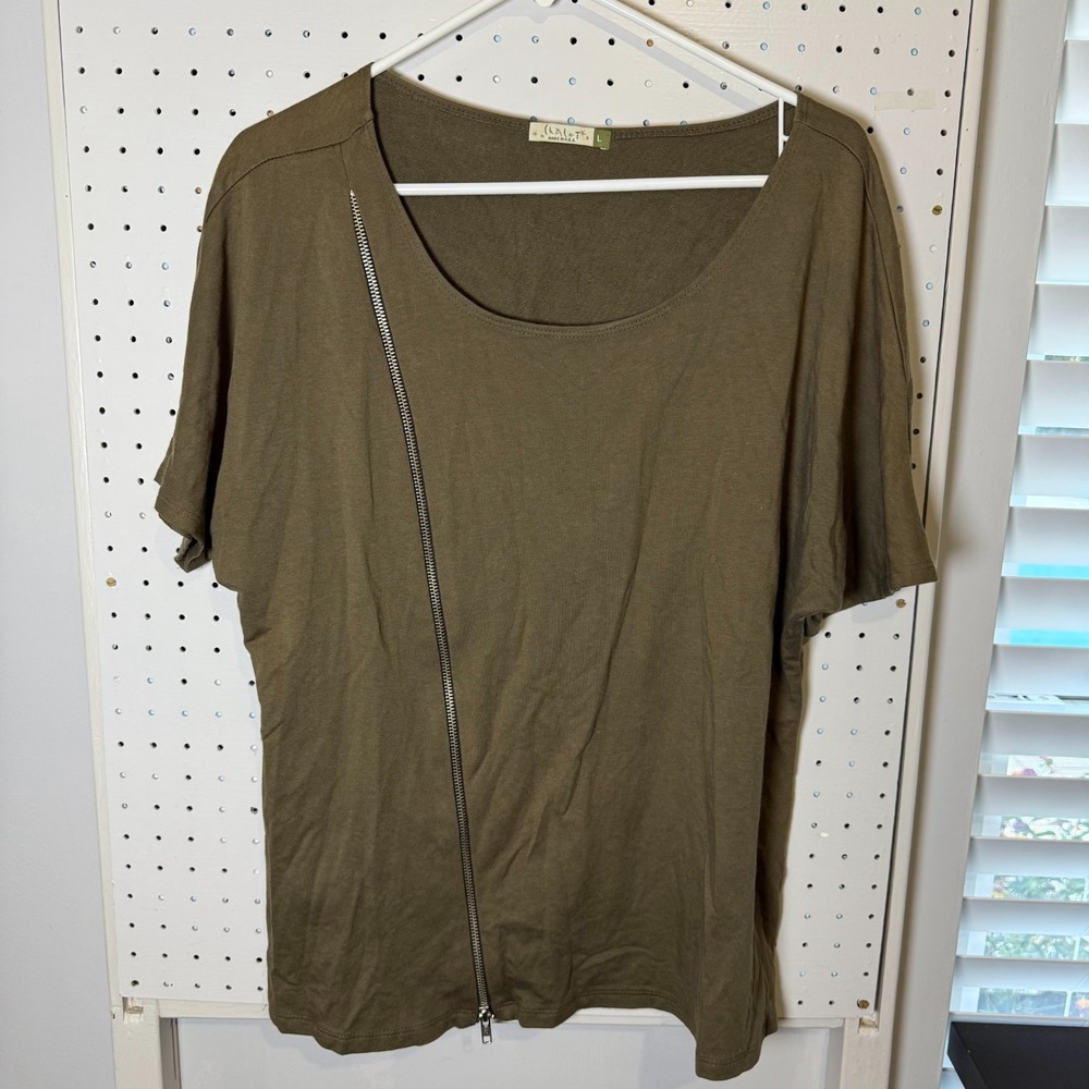 Chalet Shirt Women's Large Olive Green Stretch Asymmetrical Zip Blouse Boho